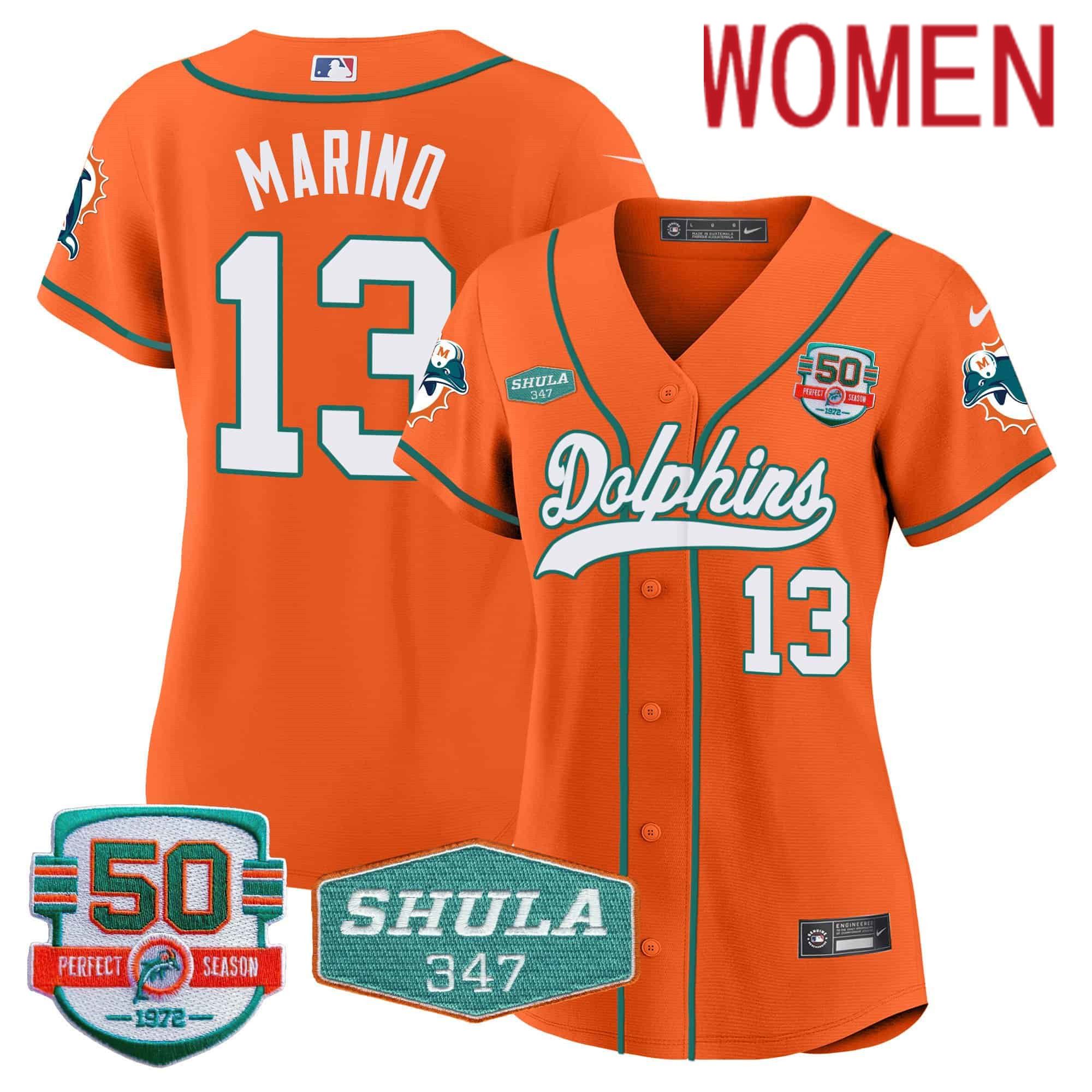 Women Miami Dolphins 13 Marino Orange 2024 Nike 50th Don Shula Memorial Patch Baseball NFL Jersey